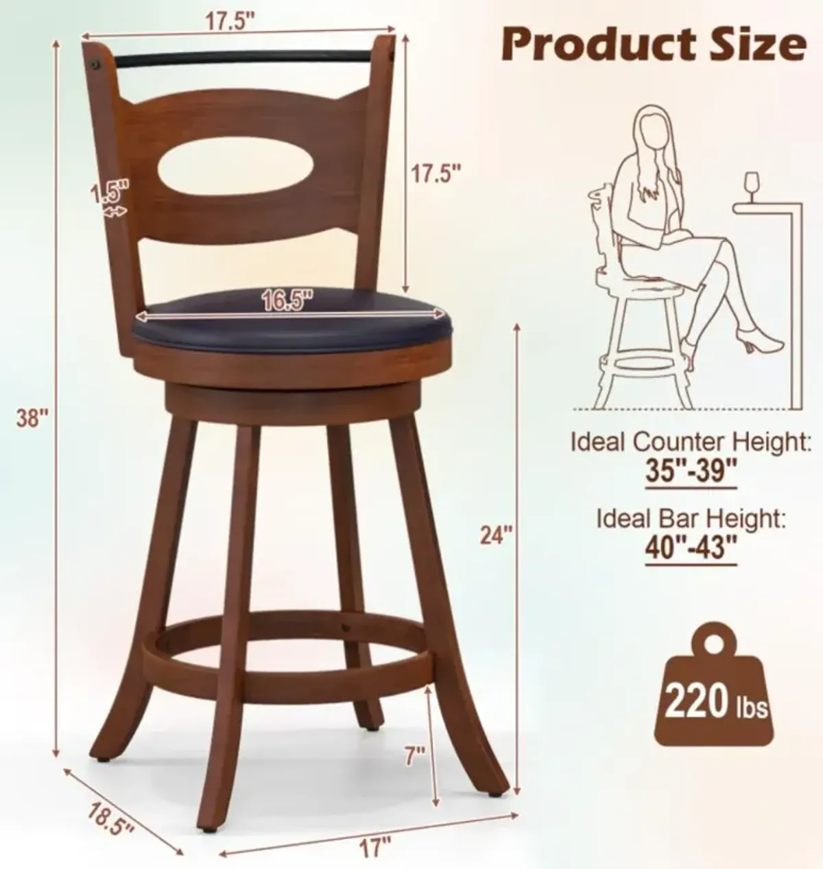 Hivvago 2 Pieces 24/29 inch Swivel Bar Stools with Curved Backrest and Seat Cushions