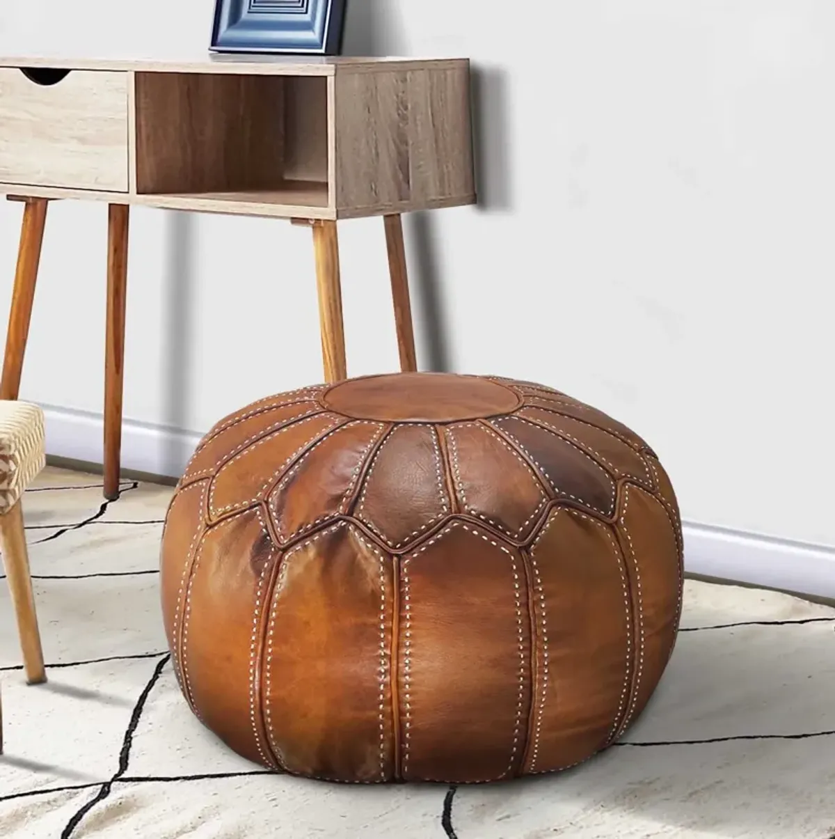 Handmade Moroccan Ottoman, Genuine Leather Pouf