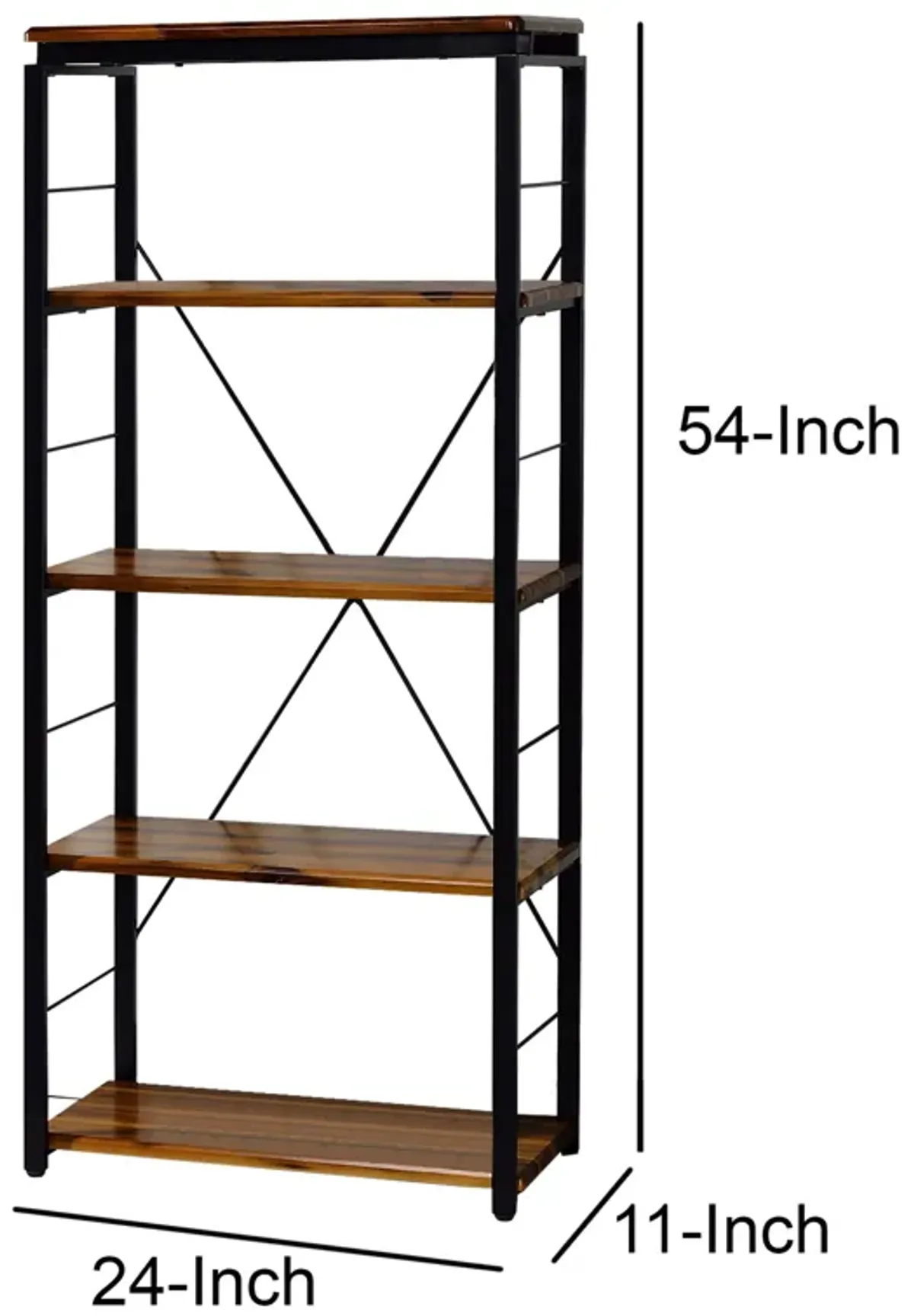 Industrial Bookshelf with 4 Shelves and Open Metal Frame, Brown and Black-Benzara