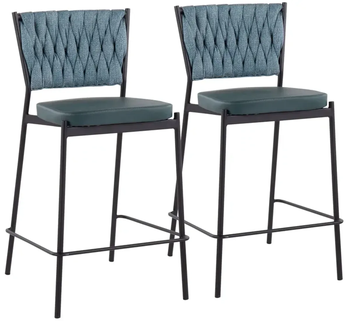 Braided Tania Contemporary Counter Stool in Black Metal, Green Faux Leather, and Sea Green Fabric by LumiSource - Set of 2