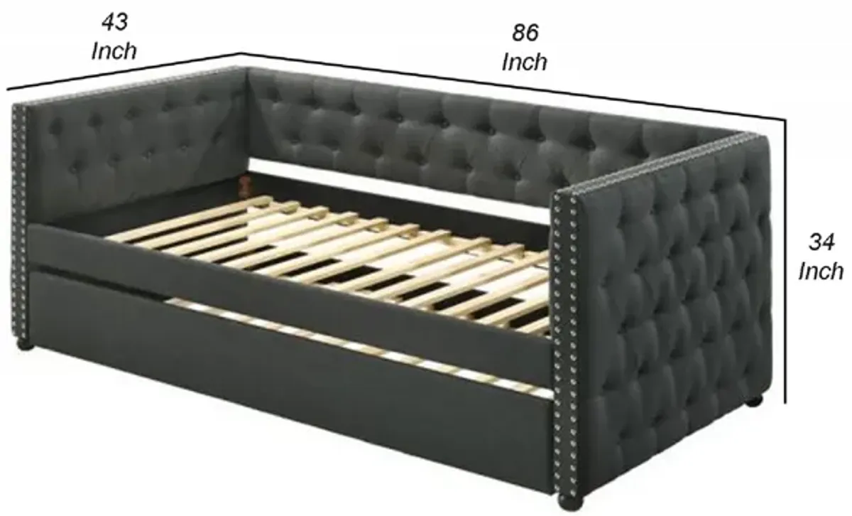 Twin Daybed with Chesterfield Style and Trundle, Gray - Benzara