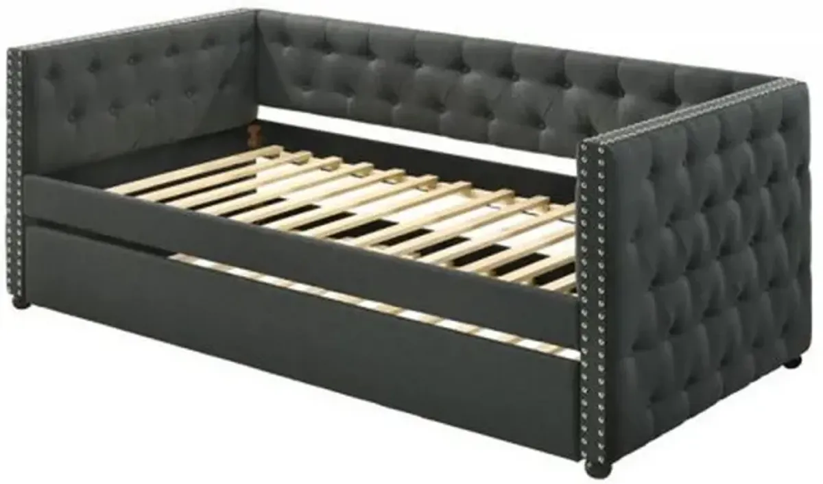 Twin Daybed with Chesterfield Style and Trundle, Gray - Benzara