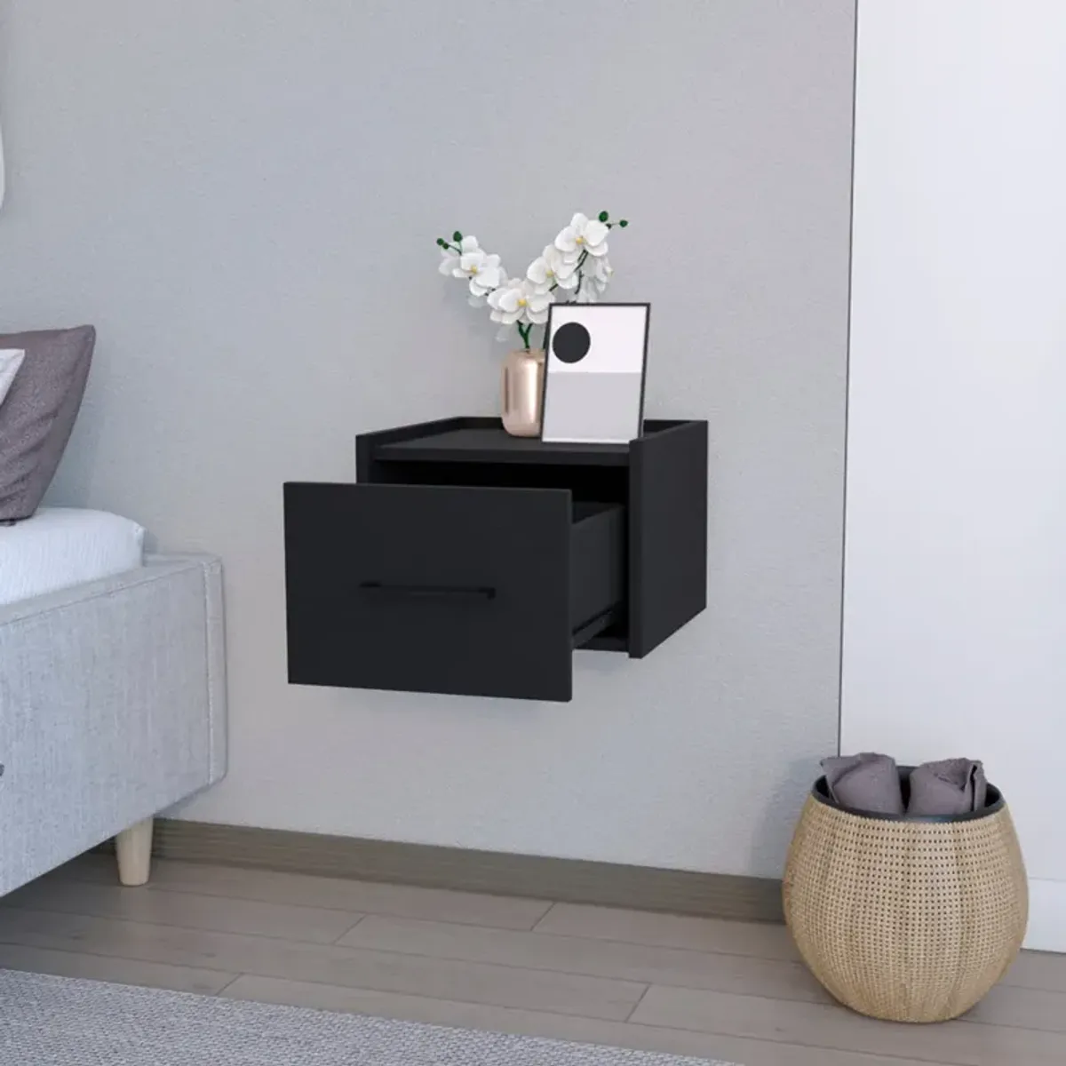 Floating Nightstand Calion, Bedroom, Black