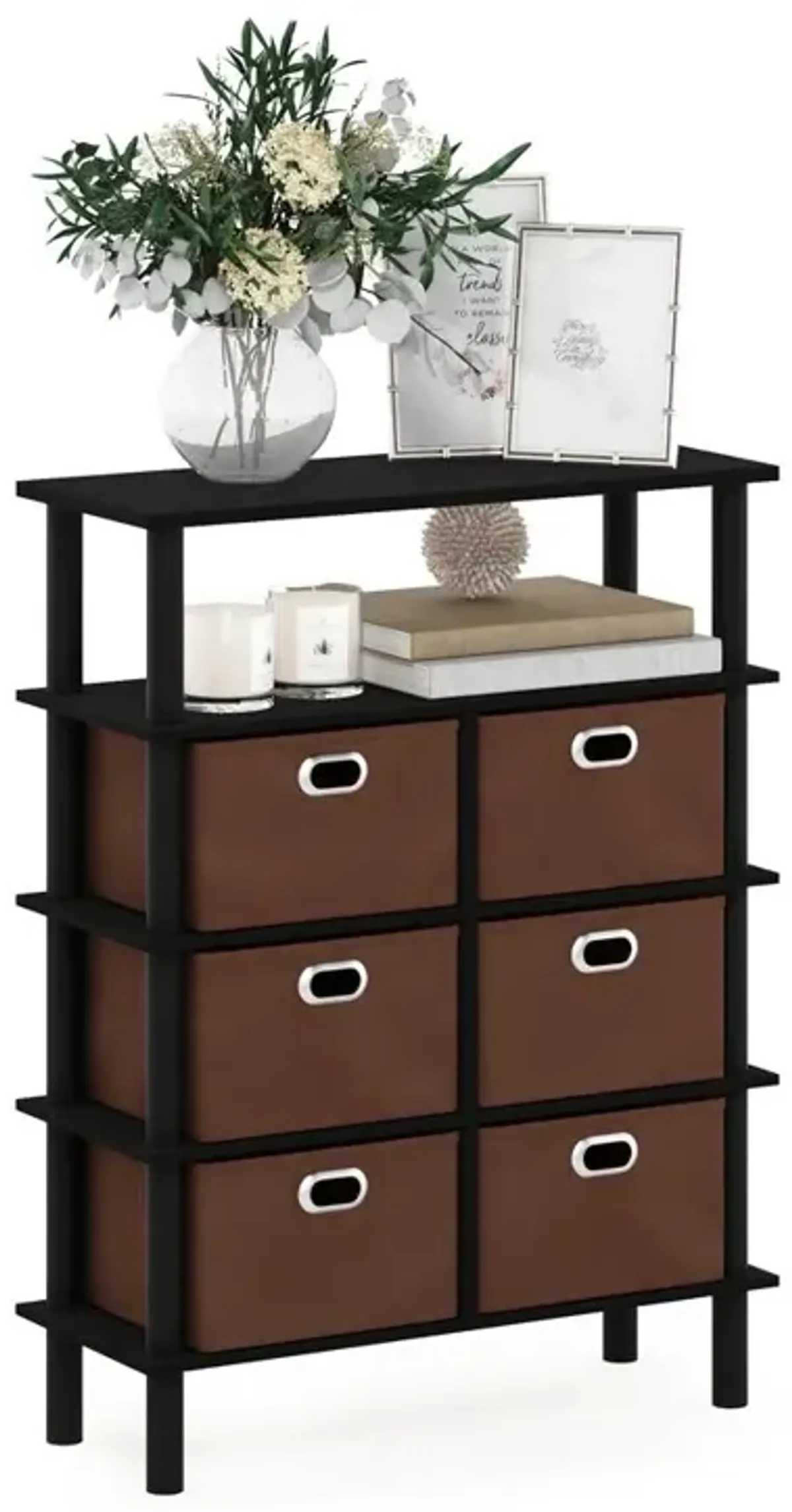 Furinno Frans Turn-N-Tube Console Table with Bin Drawers, Black Oak/Black/Brown