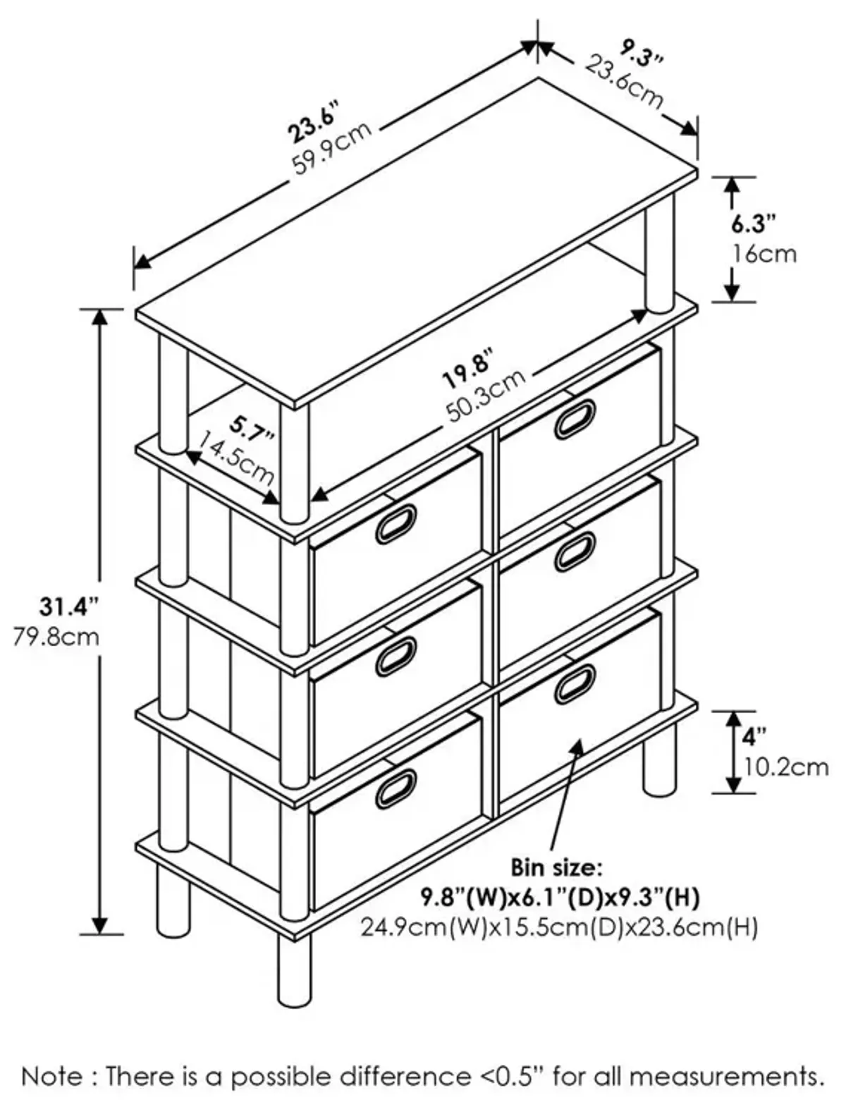 Furinno Frans Turn-N-Tube Console Table with Bin Drawers, Black Oak/Black/Brown