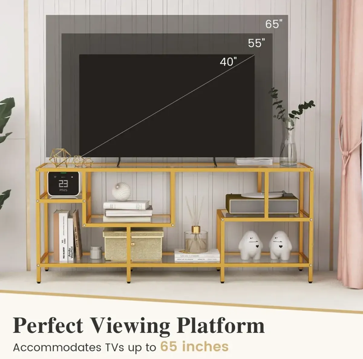 58 Inch TV Console Table with Tempered Glass Shelves for Living Room-Gold