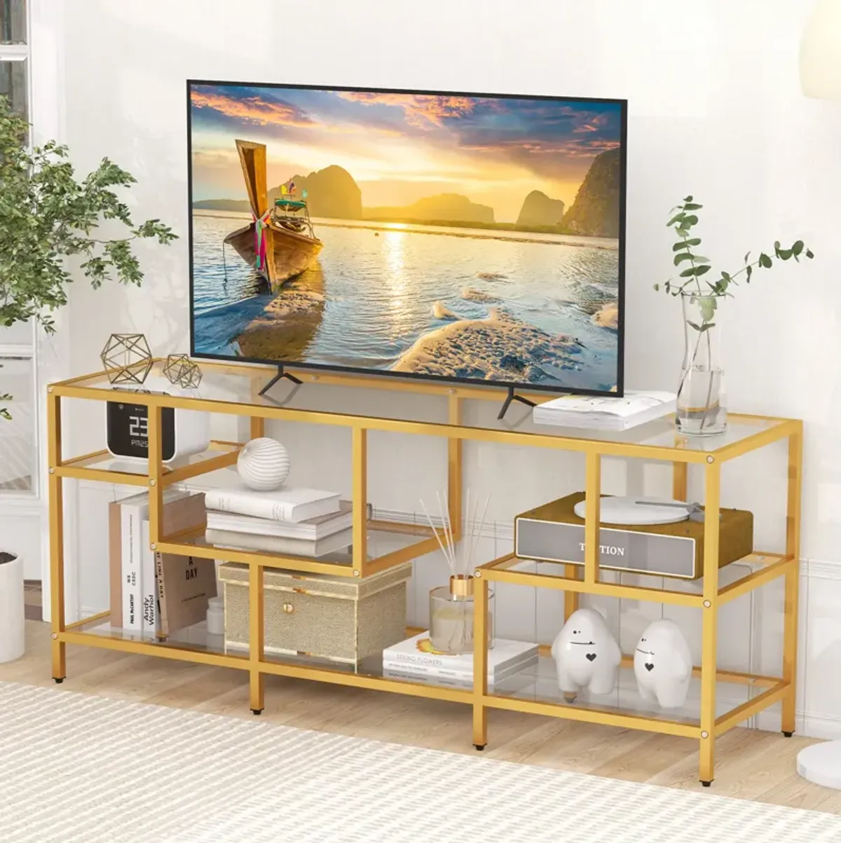 58 Inch TV Console Table with Tempered Glass Shelves for Living Room-Gold