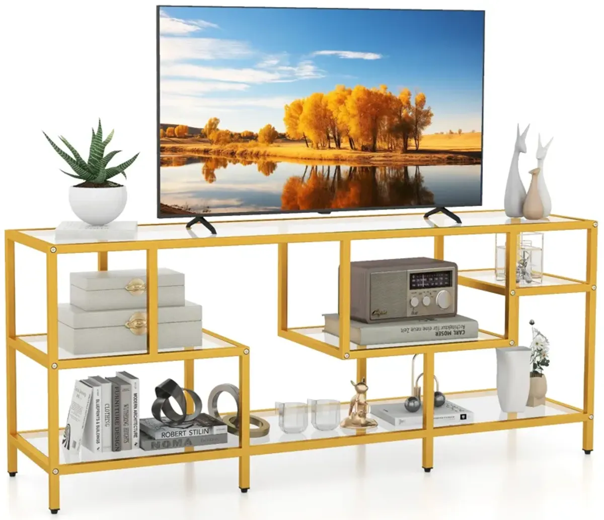 58 Inch TV Console Table with Tempered Glass Shelves for Living Room-Gold