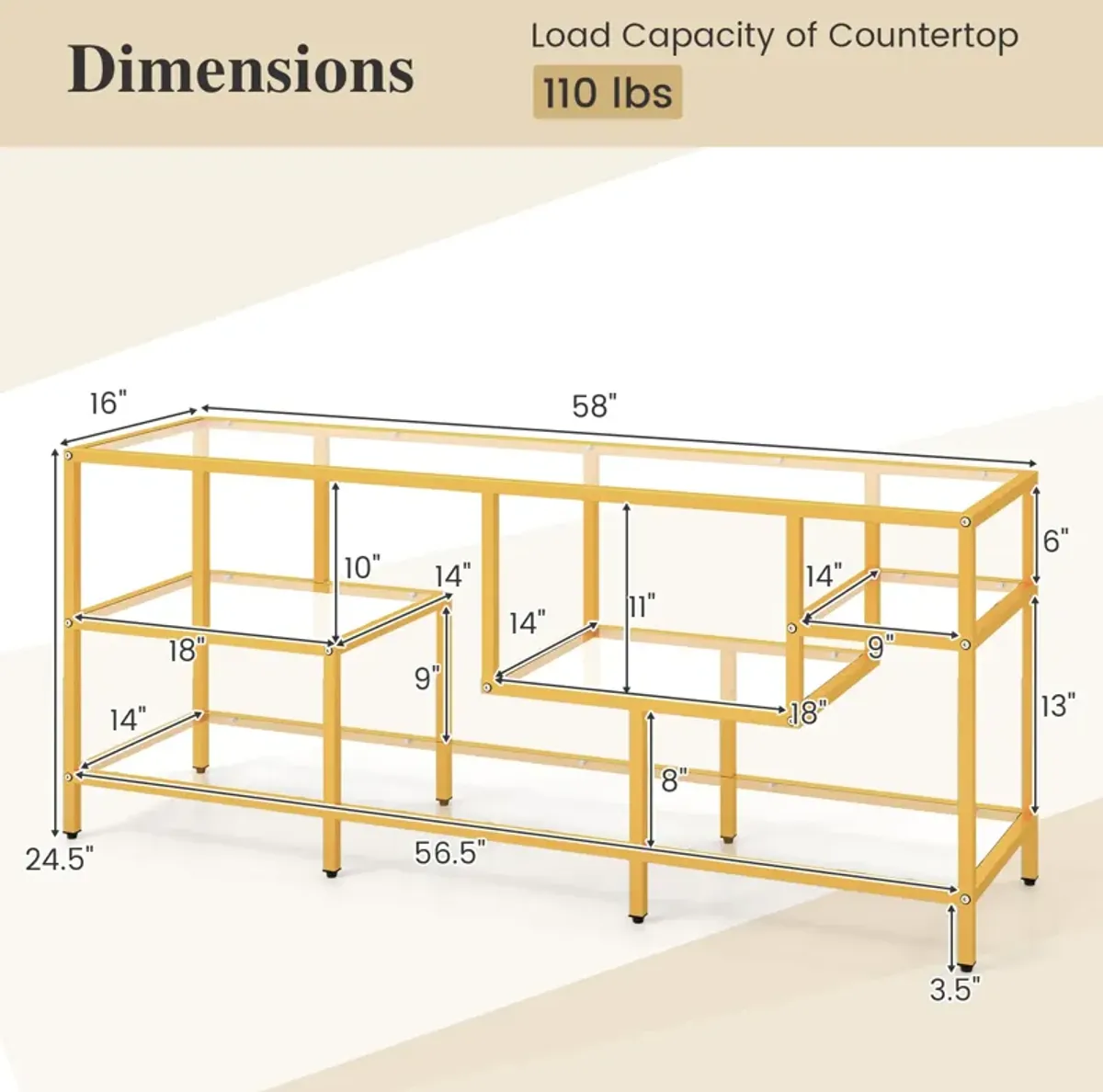 58 Inch TV Console Table with Tempered Glass Shelves for Living Room-Gold