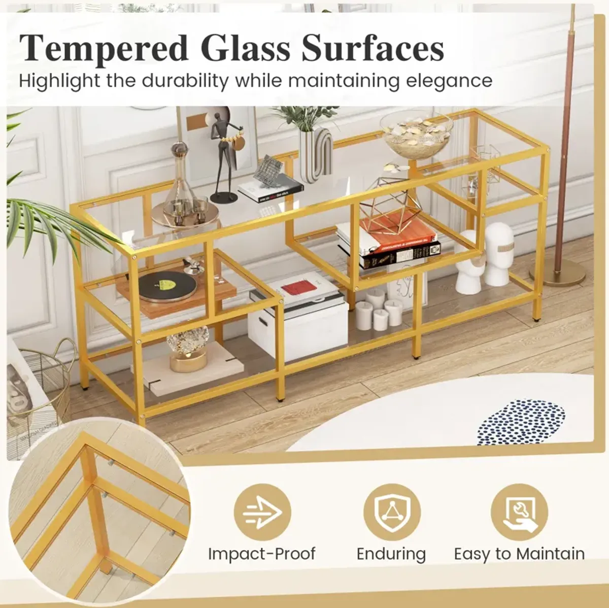 58 Inch TV Console Table with Tempered Glass Shelves for Living Room-Gold