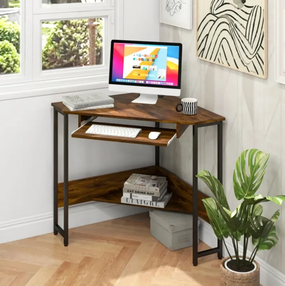 Hivvago Triangle Corner Desk with Charging Station Keyboard Tray and Storage Shelf-Rustic Brown