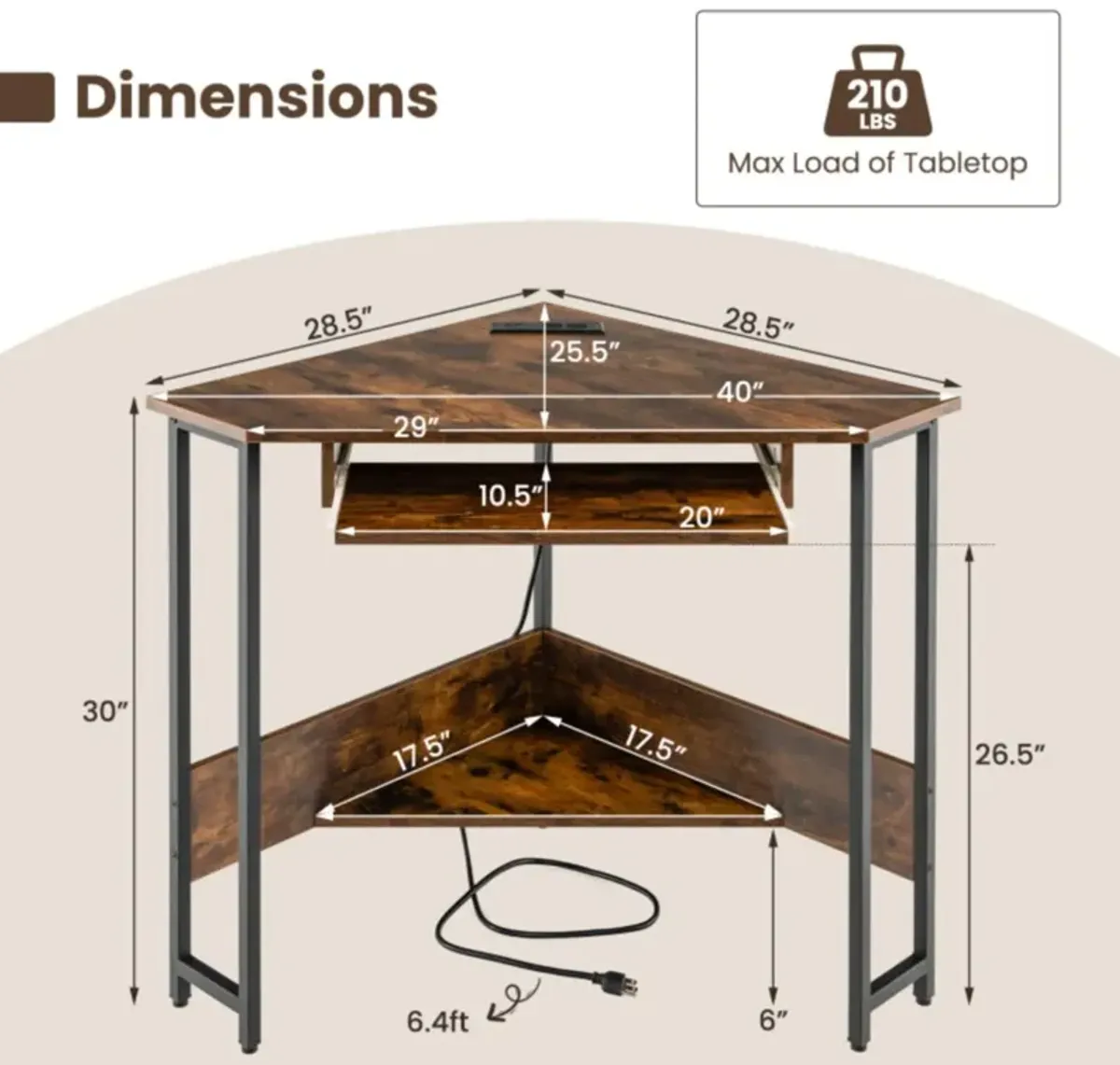 Hivvago Triangle Corner Desk with Charging Station Keyboard Tray and Storage Shelf-Rustic Brown