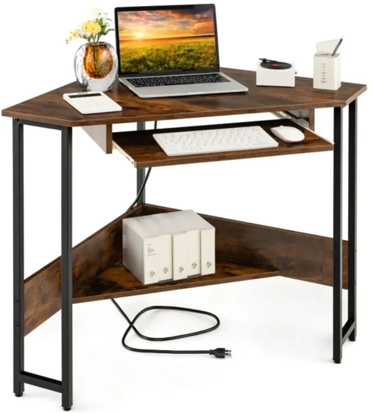 Hivvago Triangle Corner Desk with Charging Station Keyboard Tray and Storage Shelf-Rustic Brown