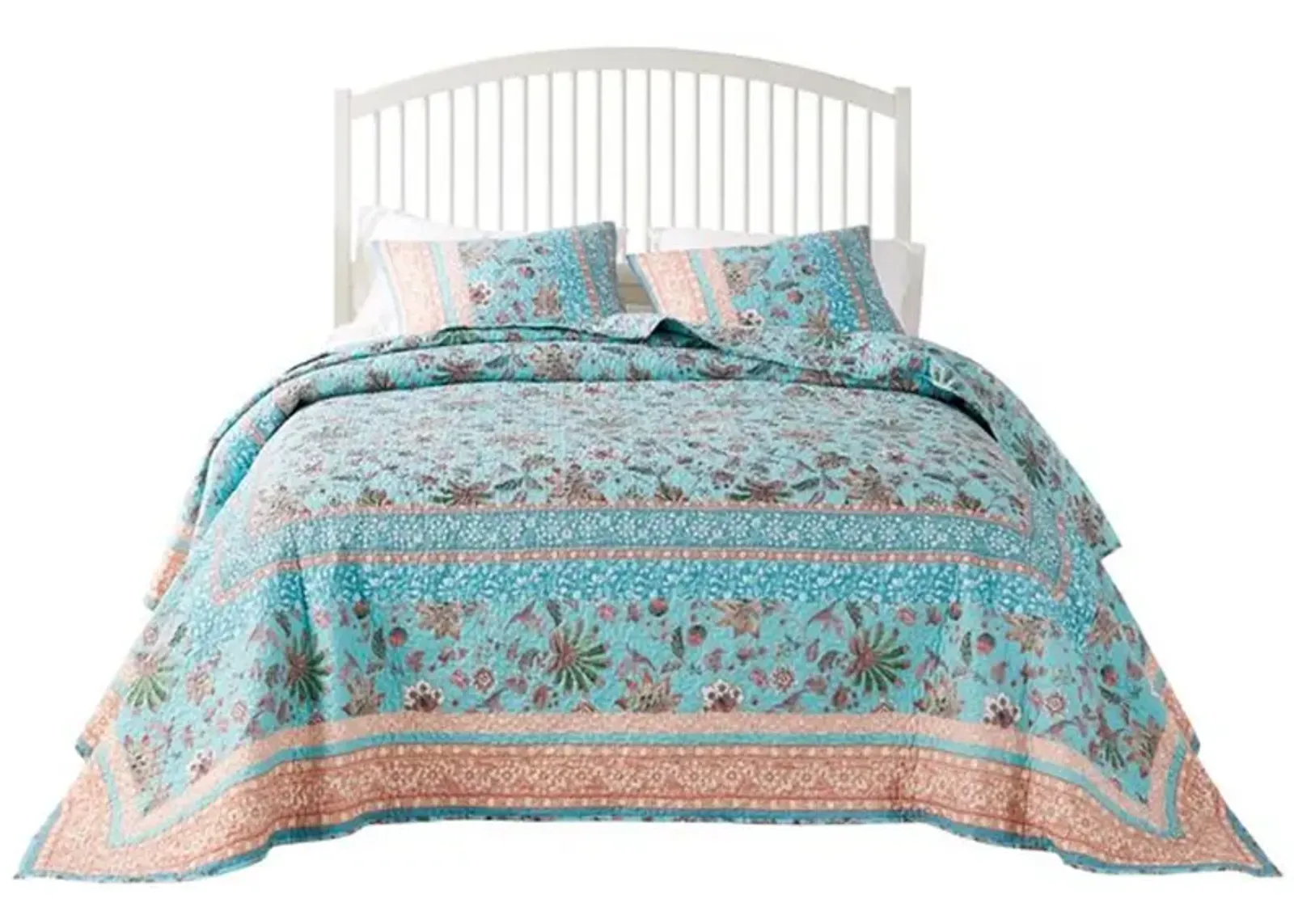 Dill 3pc King Bedspread Set, Turquoise Green Floral Microfiber Cotton