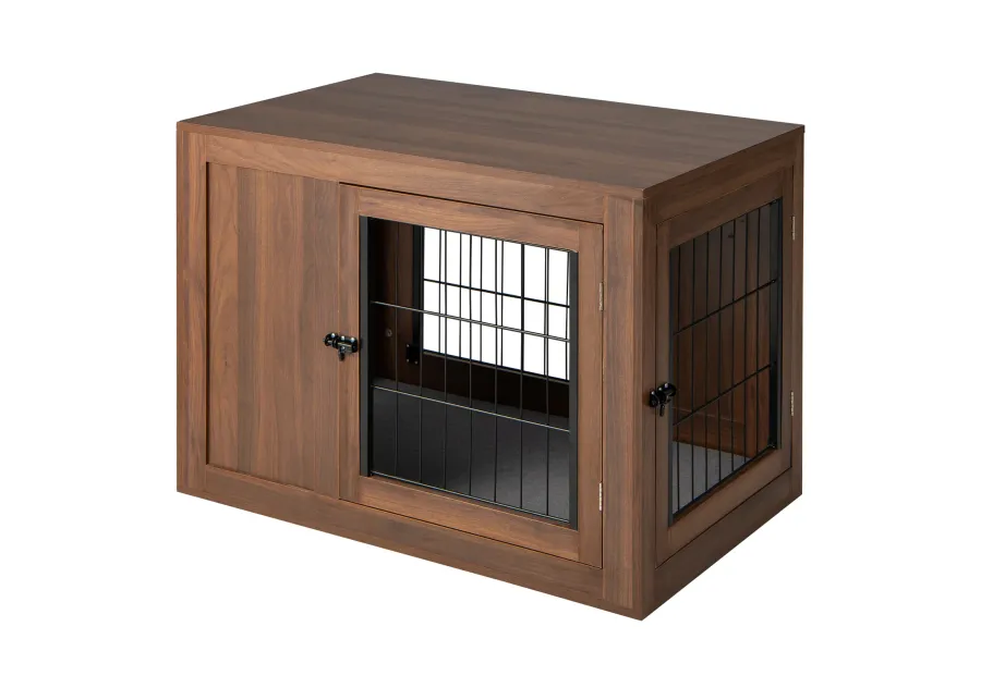 Furniture Dog Crate with Cushion and Double Doors-Walnut