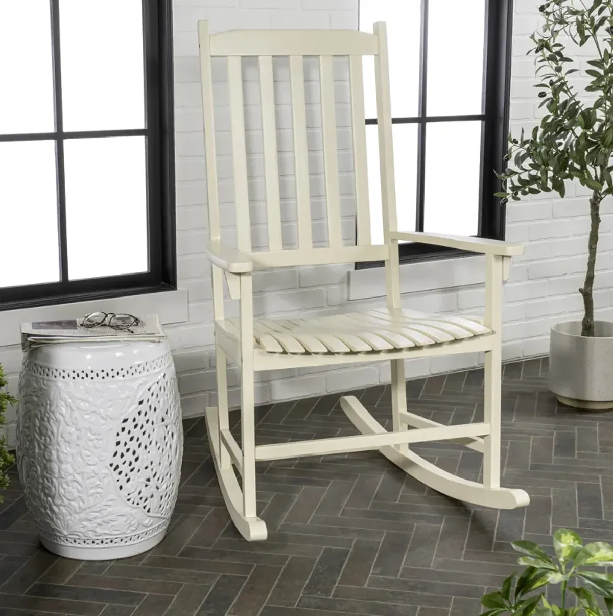 Seagrove Farmhouse Classic Slat-Back Acacia Wood Outdoor Rocking Chair