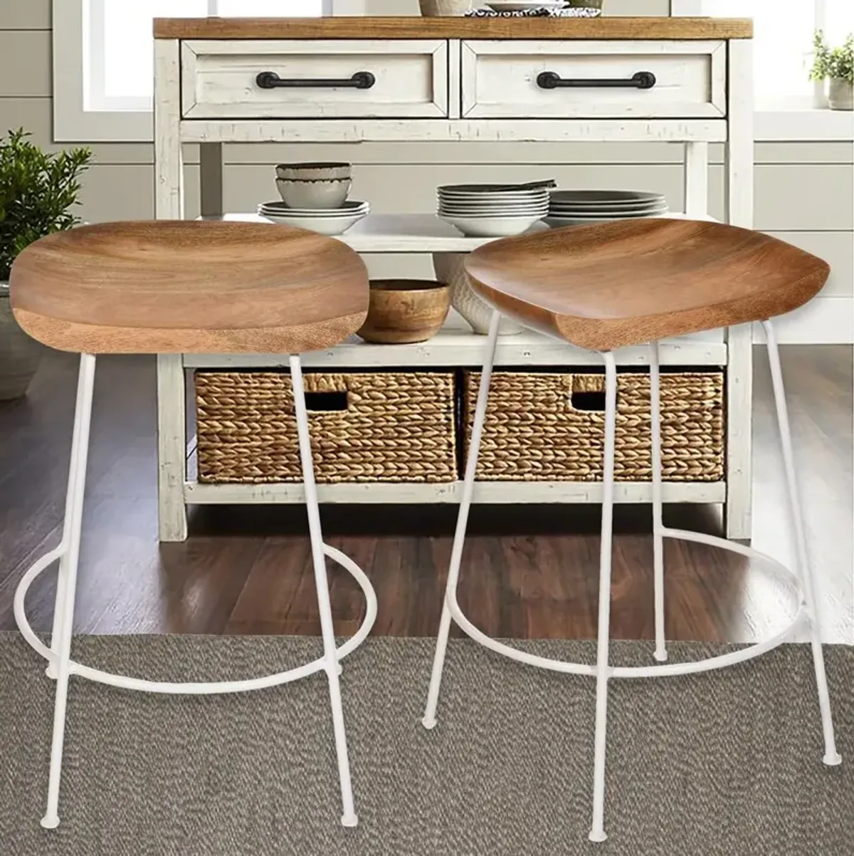 Carolina Living Diya 24.5 Counter Stool - Set of 2 - Natural Seat - White Base