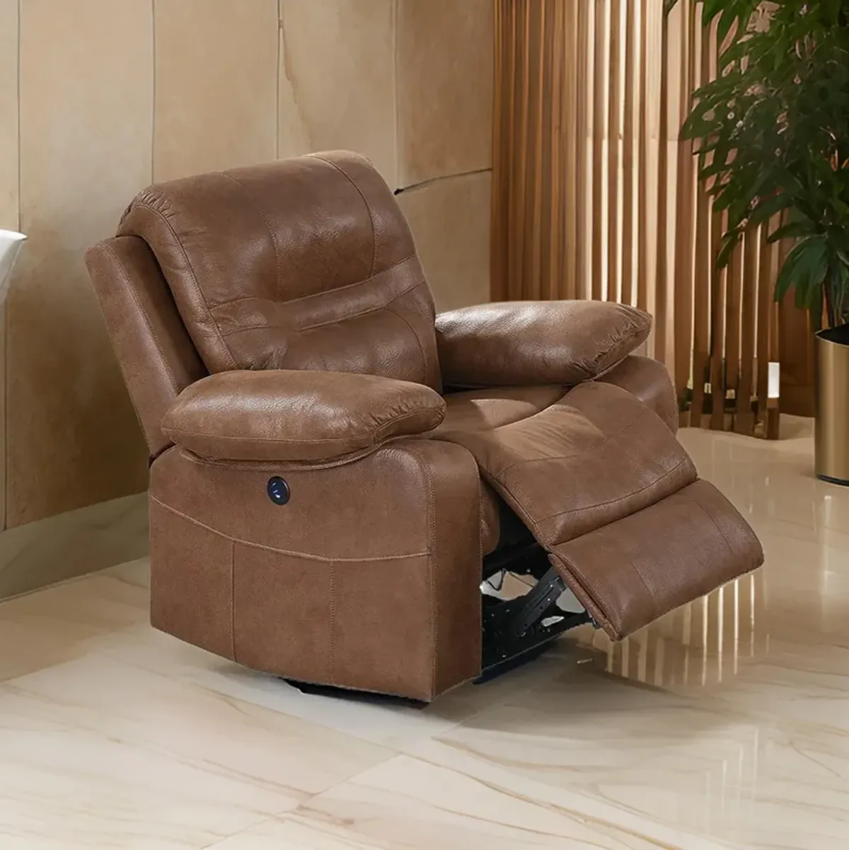 41 Inch leatherette Reclining Chair with USB Port, Brown - Benzara