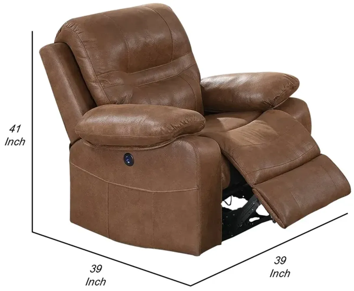 41 Inch leatherette Reclining Chair with USB Port, Brown - Benzara