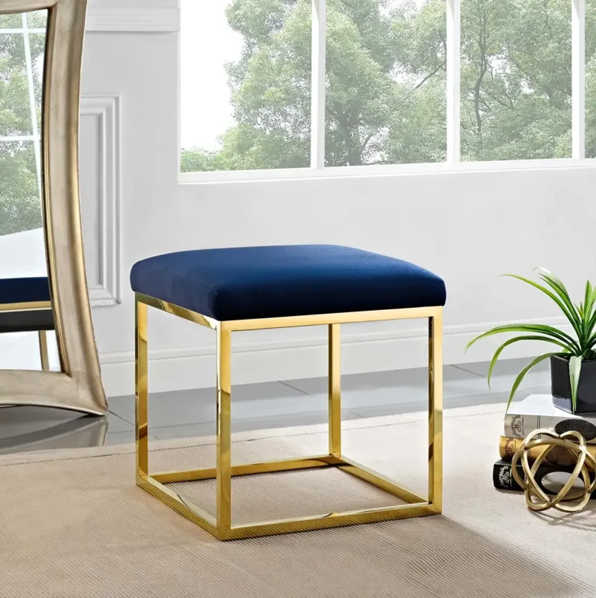 Modway Anticipate Velvet Upholstered Modern Ottoman With Stainless Steel Frame in Gold Navy