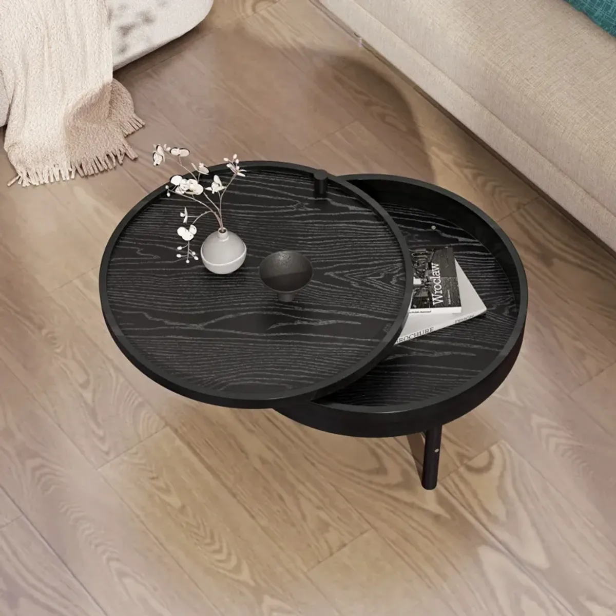 Merax Modern Round Wood Rotating Tray Coffee Table