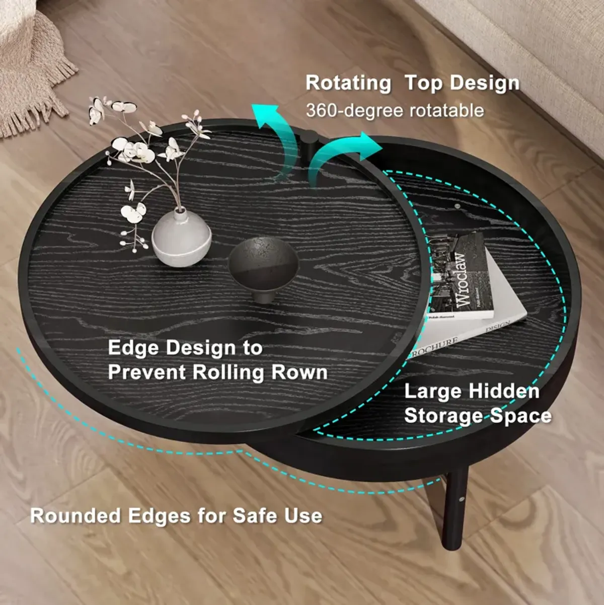 Merax Modern Round Wood Rotating Tray Coffee Table