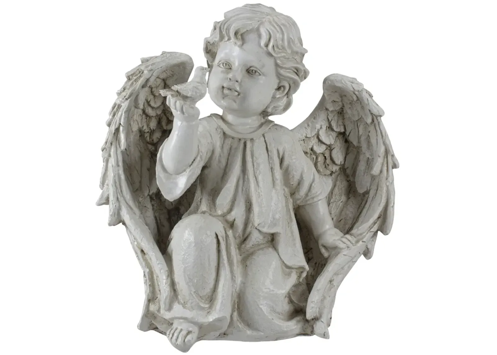 10" Ivory Angel Boy on Knee with Bird Outdoor Garden Statue