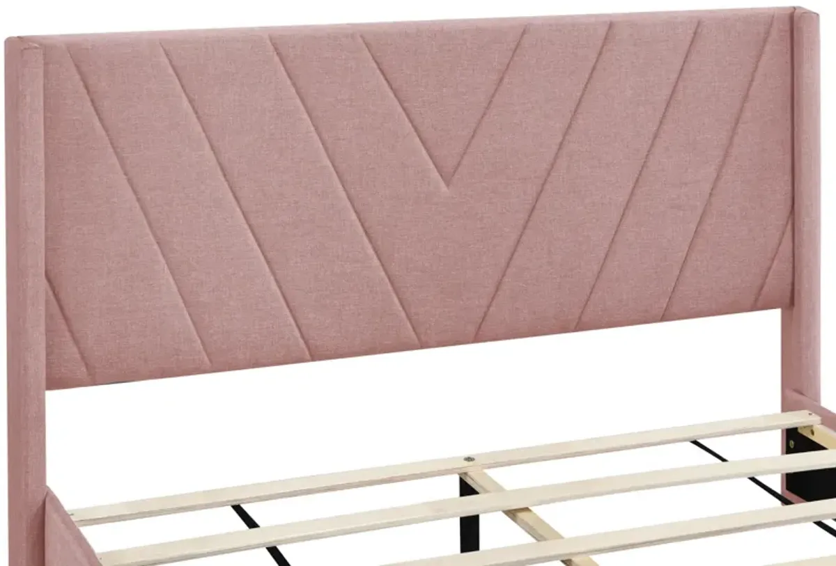 Queen Size Storage Bed Linen Upholstered Platform Bed With 3 Drawers (Pink)