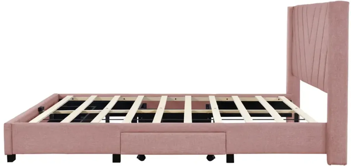 Queen Size Storage Bed Linen Upholstered Platform Bed With 3 Drawers (Pink)