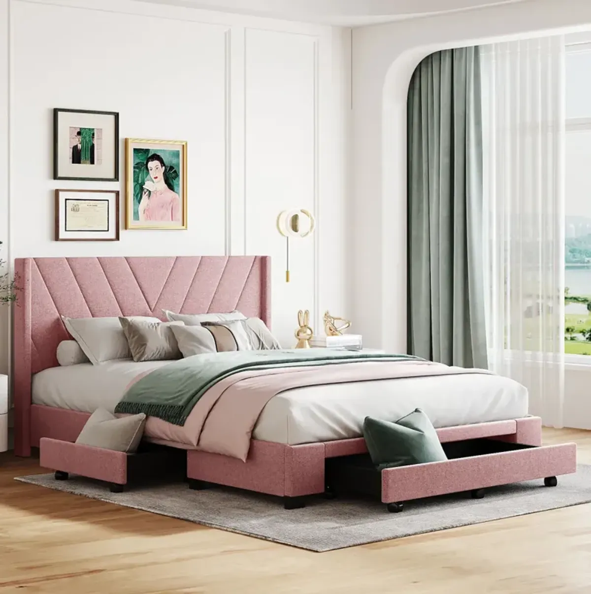 Queen Size Storage Bed Linen Upholstered Platform Bed With 3 Drawers (Pink)