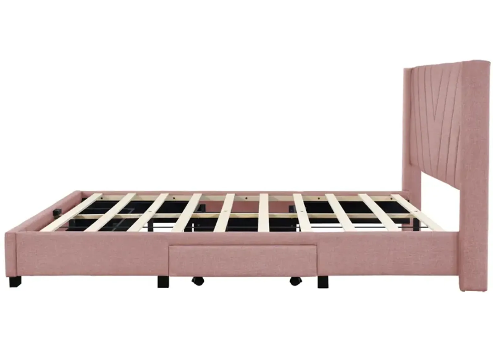 Queen Size Storage Bed Linen Upholstered Platform Bed With 3 Drawers (Pink)