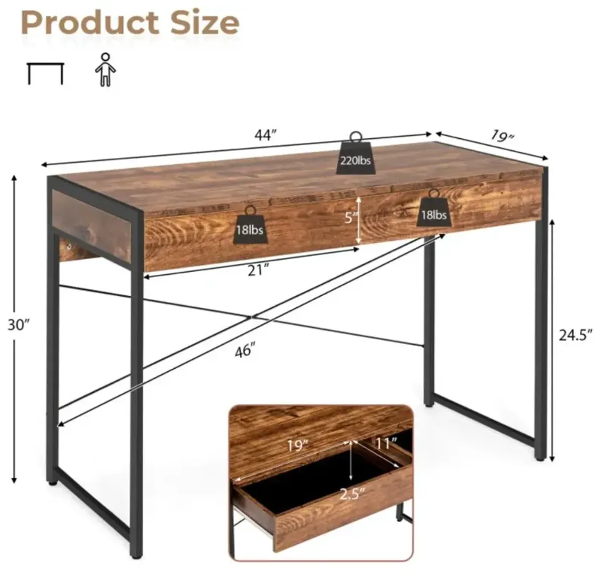 Hivvago 2-Drawer Home Office Desk with Steel Frame