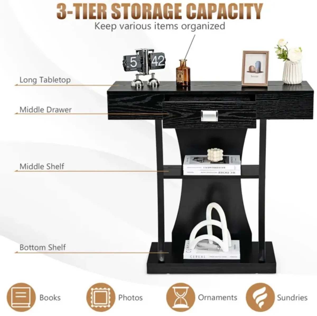 Hivvago Console Table with Drawer and 2-Tier Shelves for Entryway Living Room