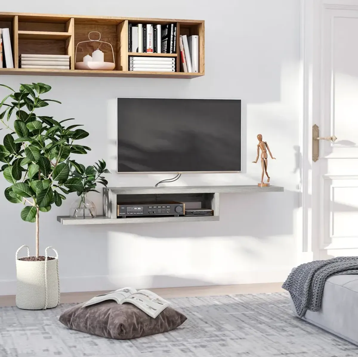 Grey Living Room Storage: Wall-Mounted Floating Media Console