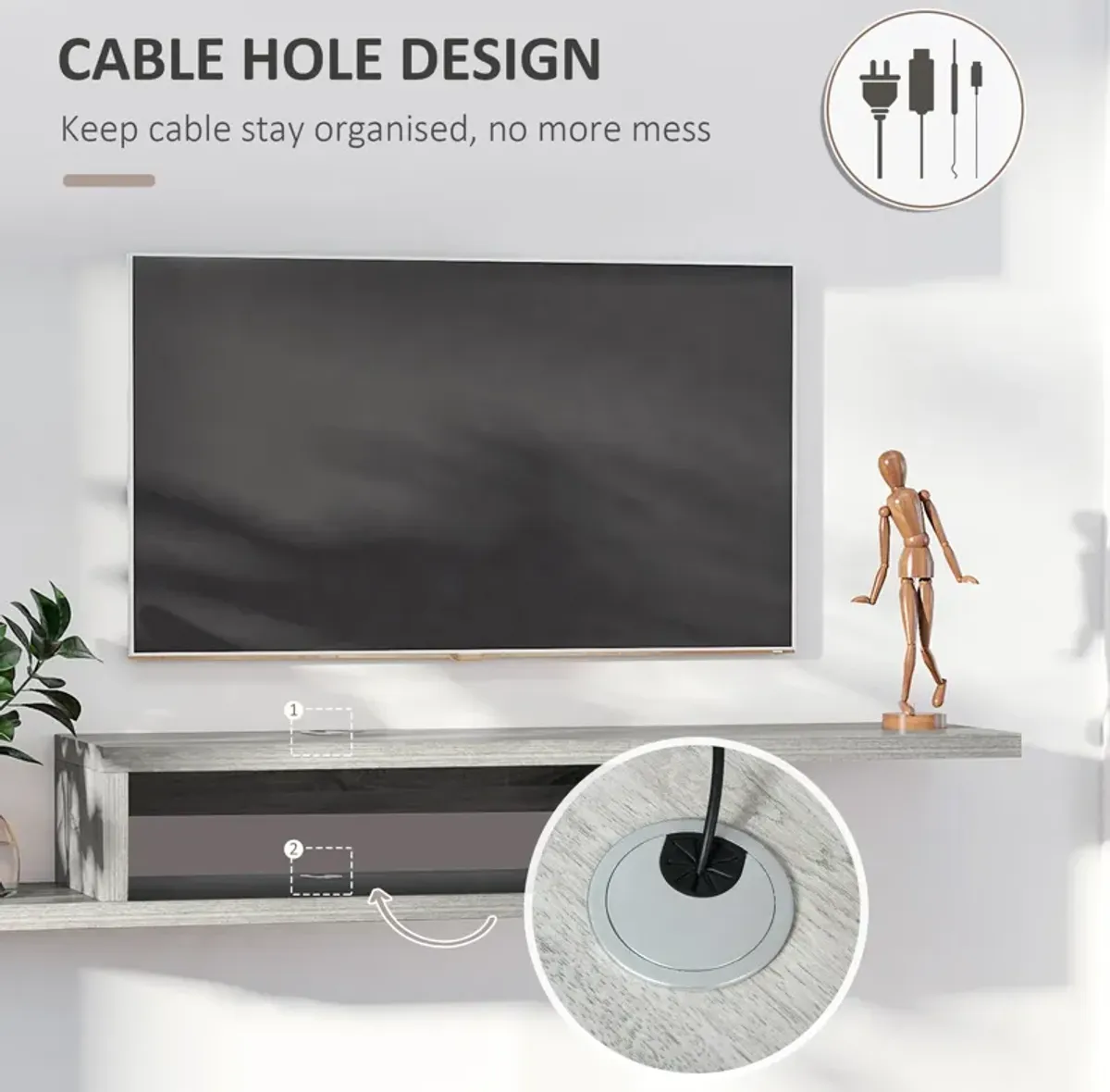 Grey Living Room Storage: Wall-Mounted Floating Media Console