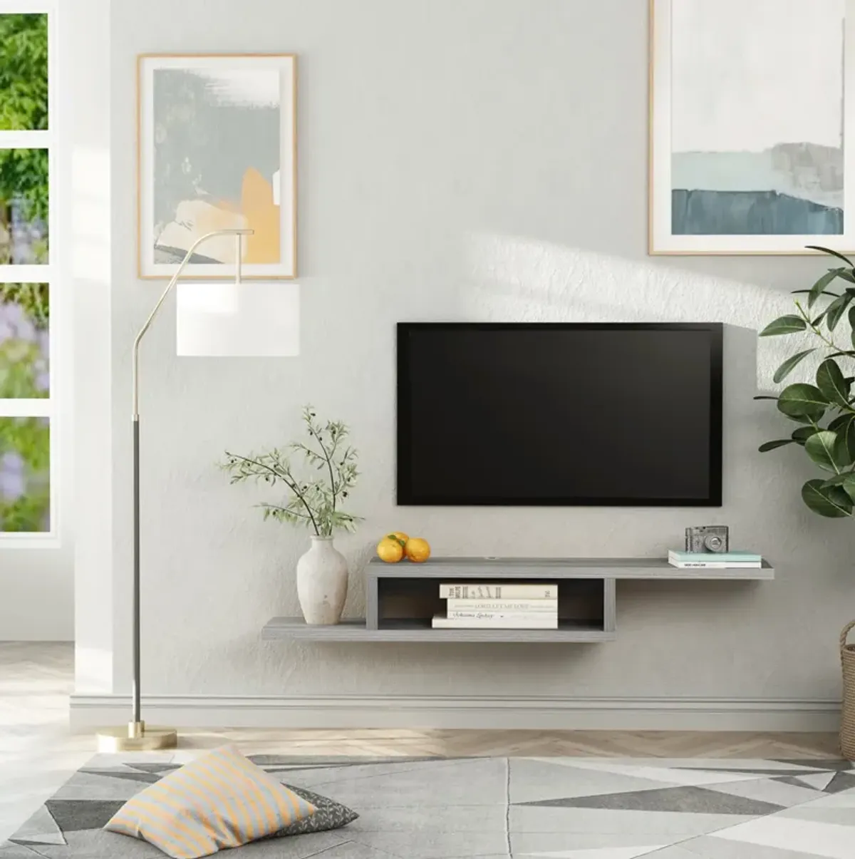 Grey Living Room Storage: Wall-Mounted Floating Media Console