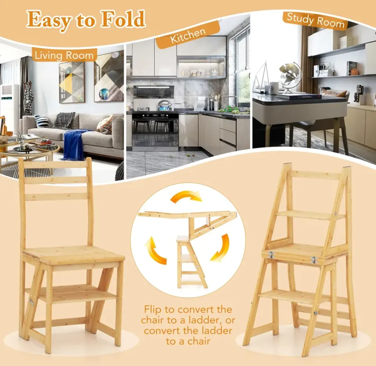 Multifunctional 3-in-1 Ladder Chair Display Plant Stand for Library Kitchen Office