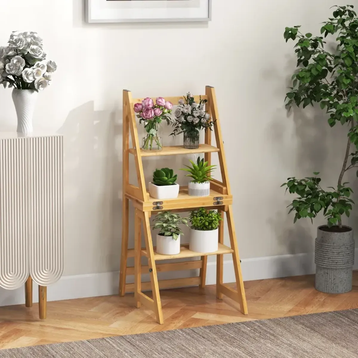 Multifunctional 3-in-1 Ladder Chair Display Plant Stand for Library Kitchen Office