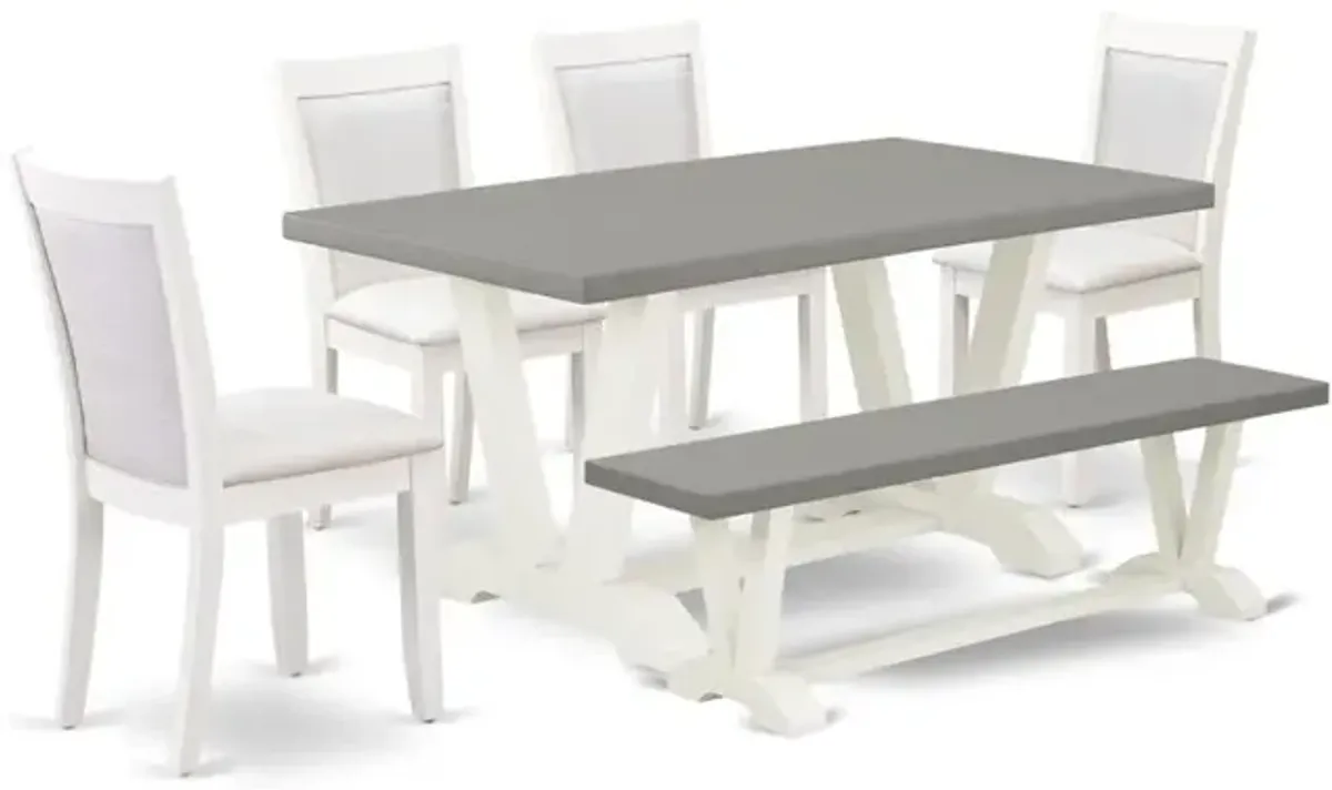 East West Furniture 6-Piece Dining Table Set Includes a Wood Dining Table - 4 Cream Linen Fabric Upholstered Chairs with Stylish Back and a Small Bench - Wire Brushed Linen White Finish