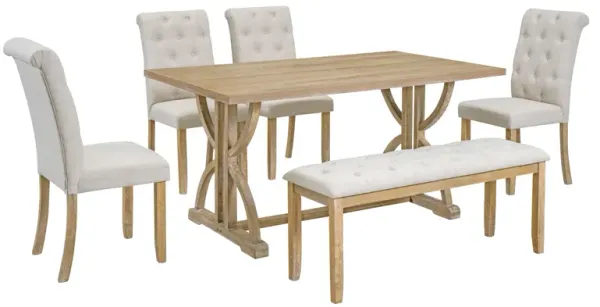 Gewnee  6-Piece Retro Rectangular Dining Table Set, Table with Unique Legs and 4 Upholstered Chairs & 1 Bench for Dining Room and Kitchen (Natural Wood Wash)