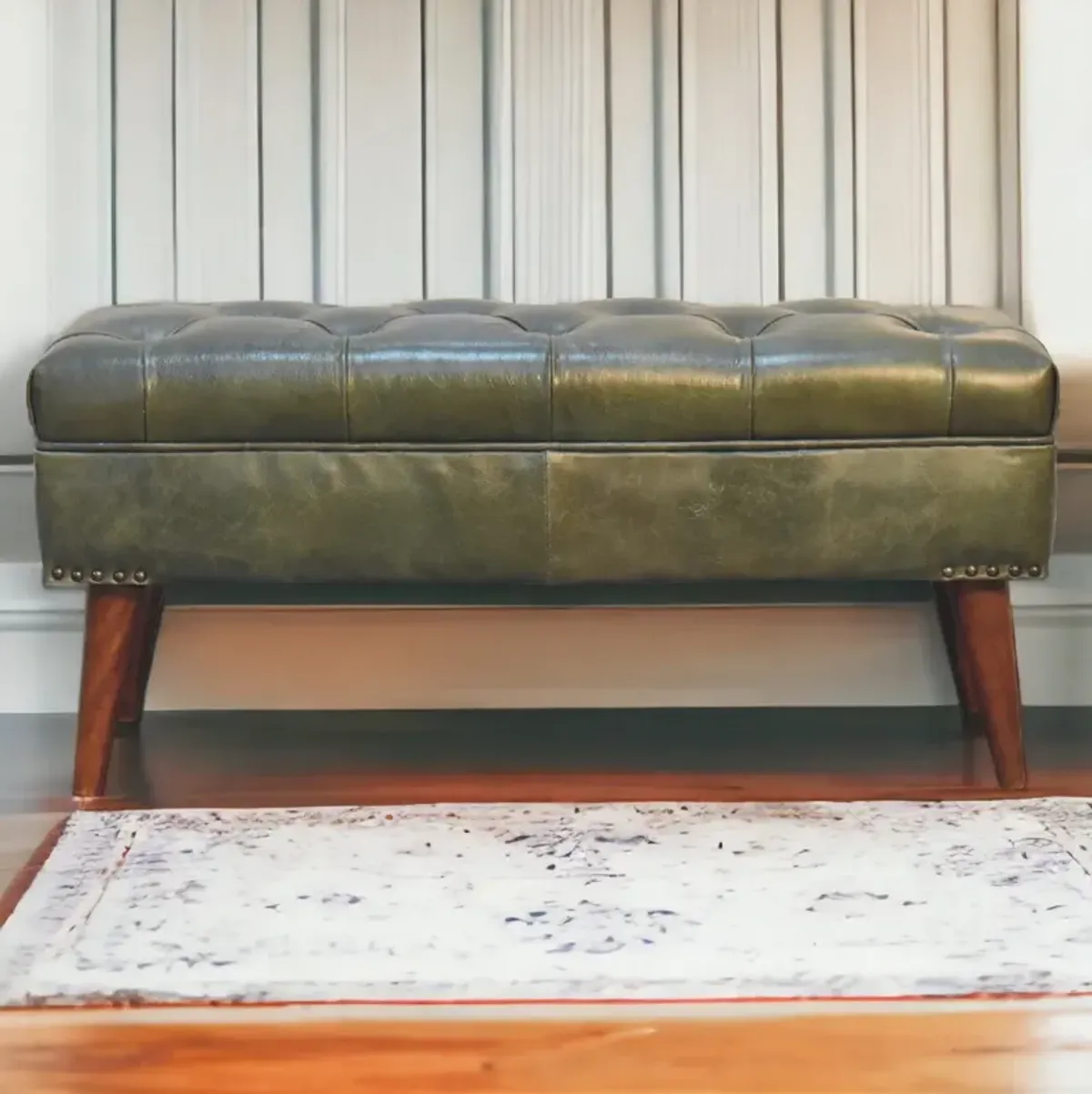 Harbour Green Upholstered Solid Wood Leather Bench