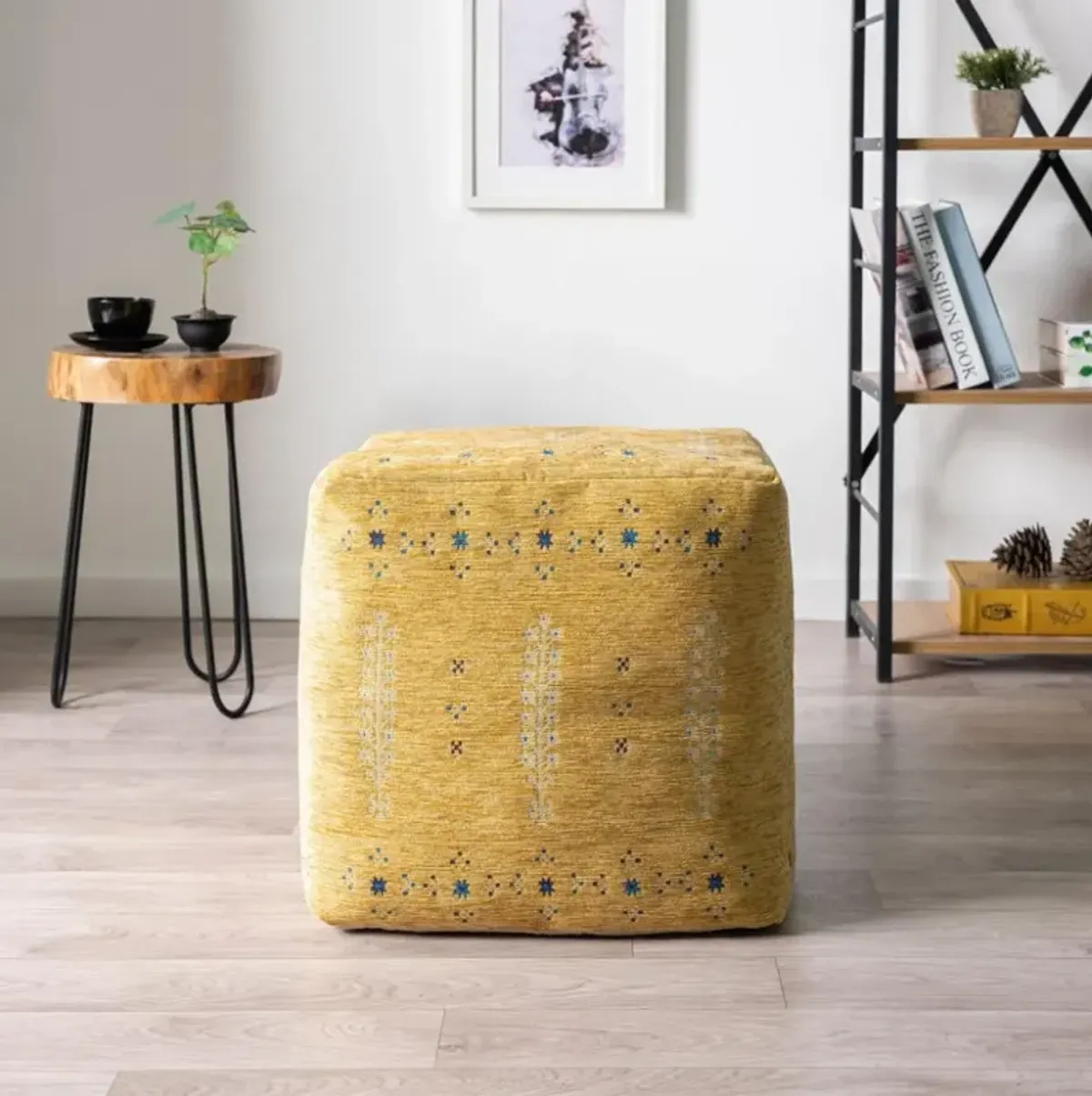 Hivvago 18 Inch Yellow Abstract Pouf Ottoman