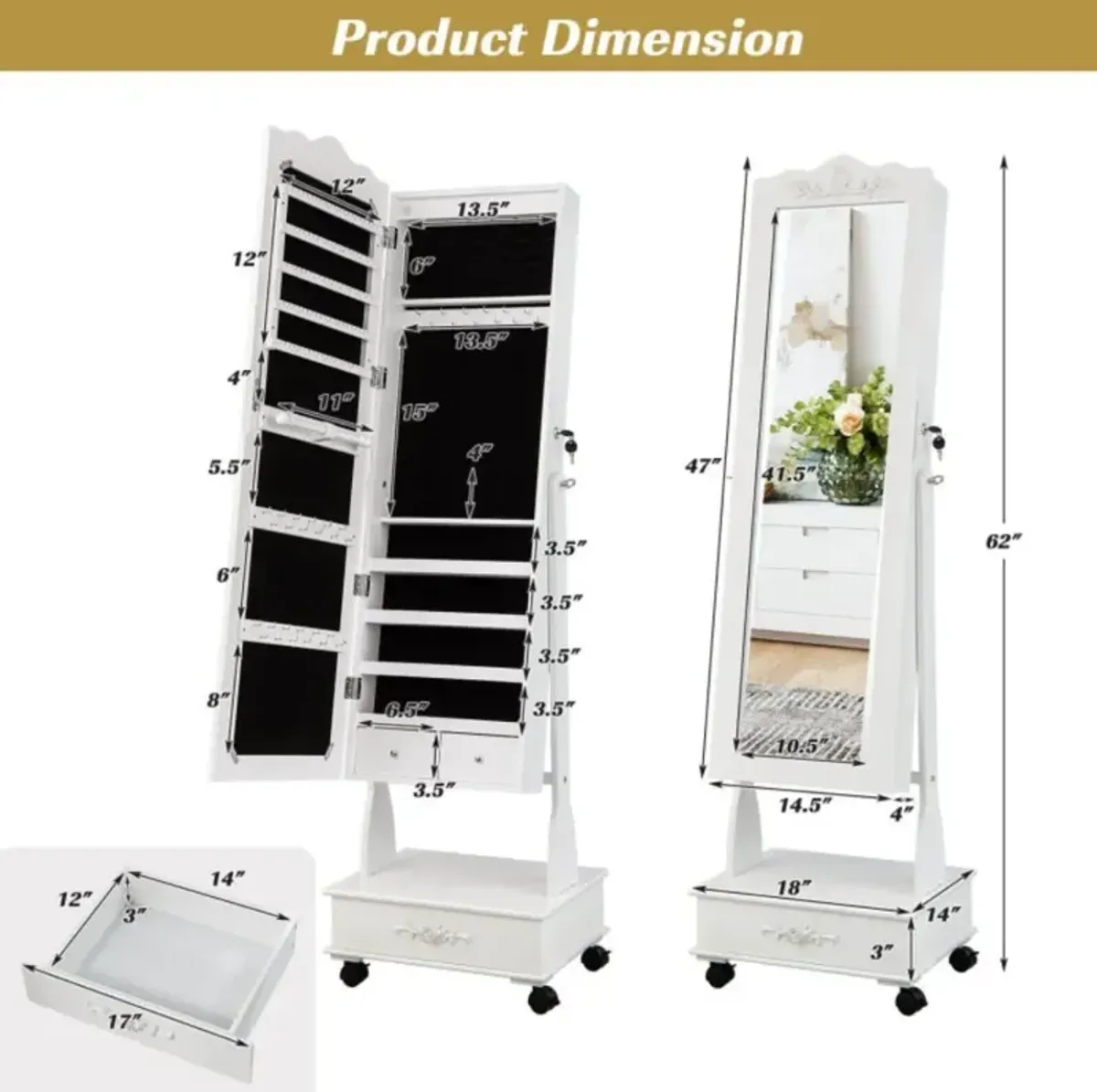 Hivvago Rolling Floor Standing Mirrored Jewelry Armoire with Lock and Drawers