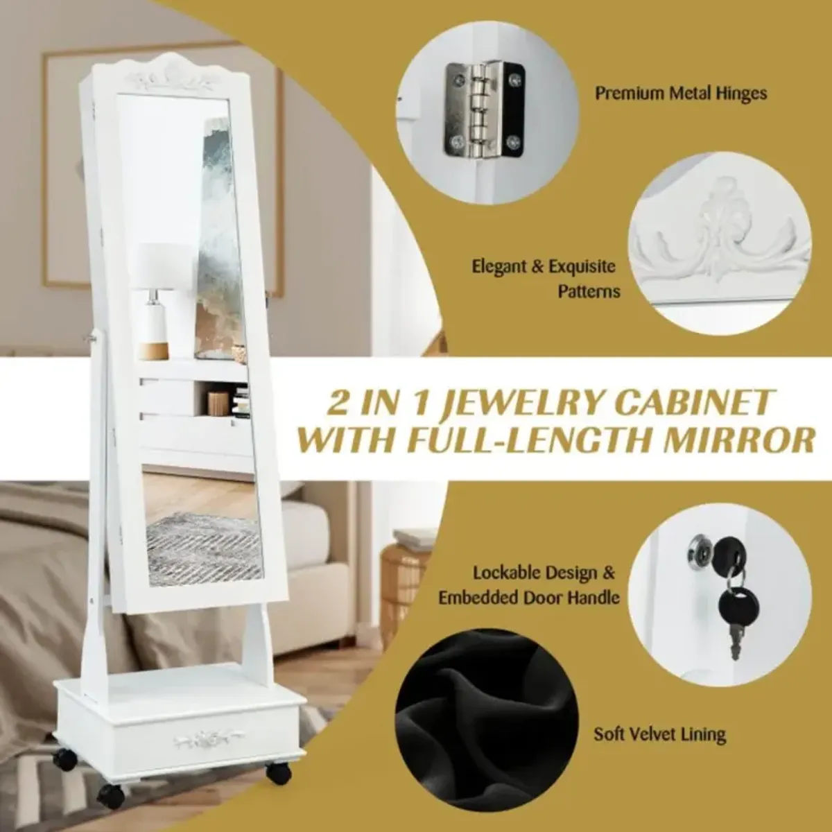 Hivvago Rolling Floor Standing Mirrored Jewelry Armoire with Lock and Drawers