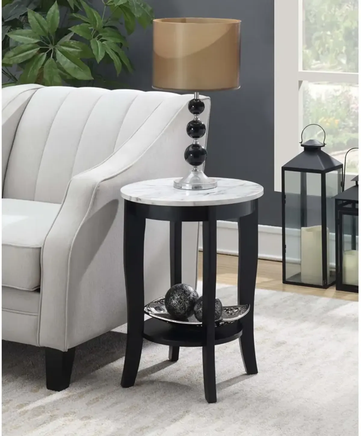 Convenience Concepts American Heritage Round End Table, White Faux Marble / Black