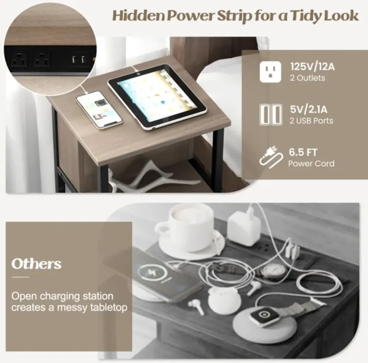 Hivvago 3-Tier End Table with USB Ports & Power Outlets