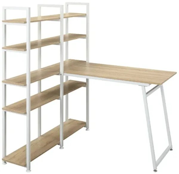Natural White Corner Desk: 5-Tier L-Shaped with Display Shelves