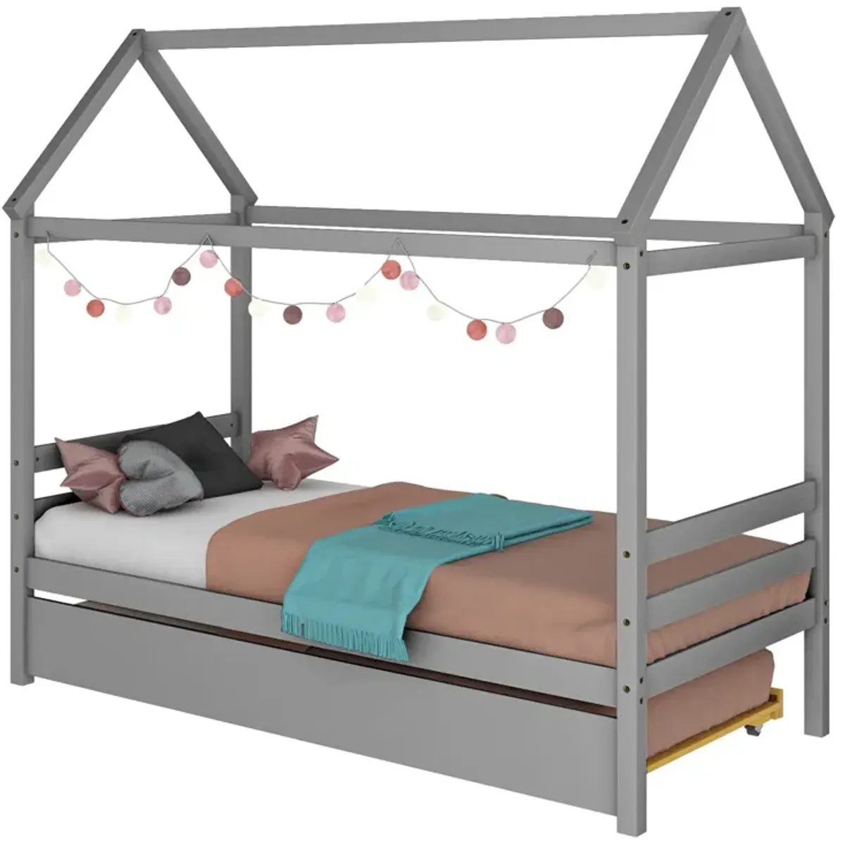 Kids Platform Bed Frame with Roof for Bedroom