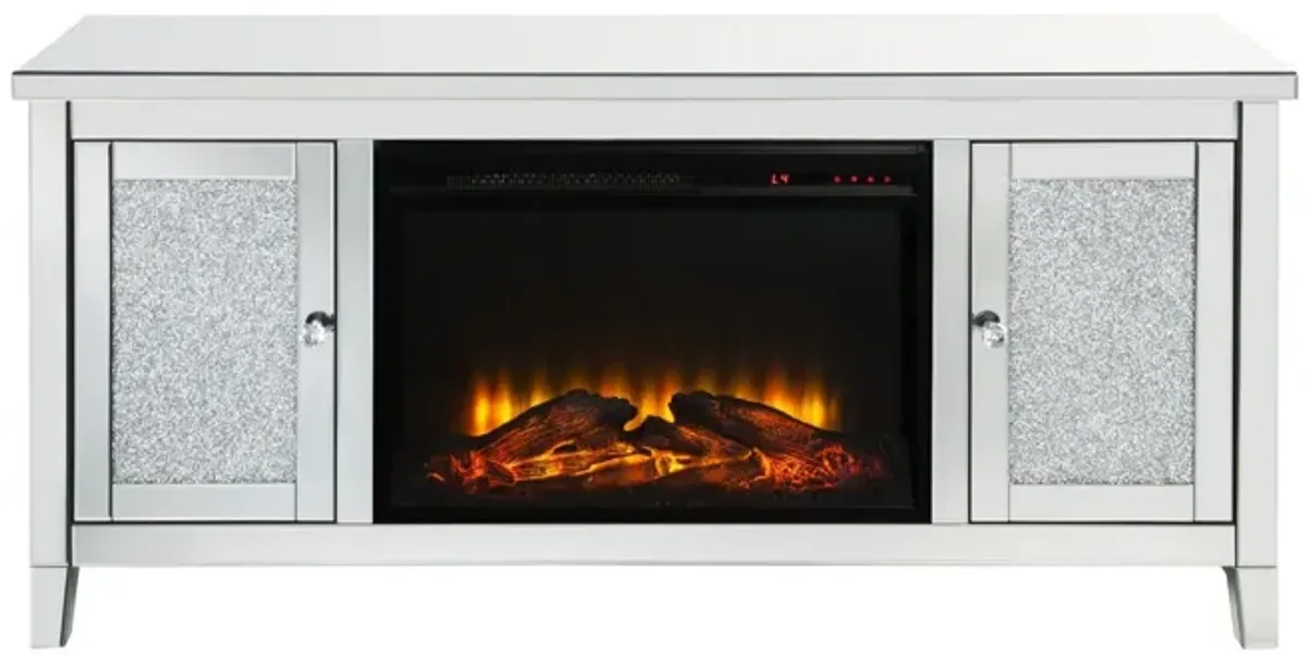 TV Stand with Electric Fireplace and Mirror Panel Framing, Silver - Benzara