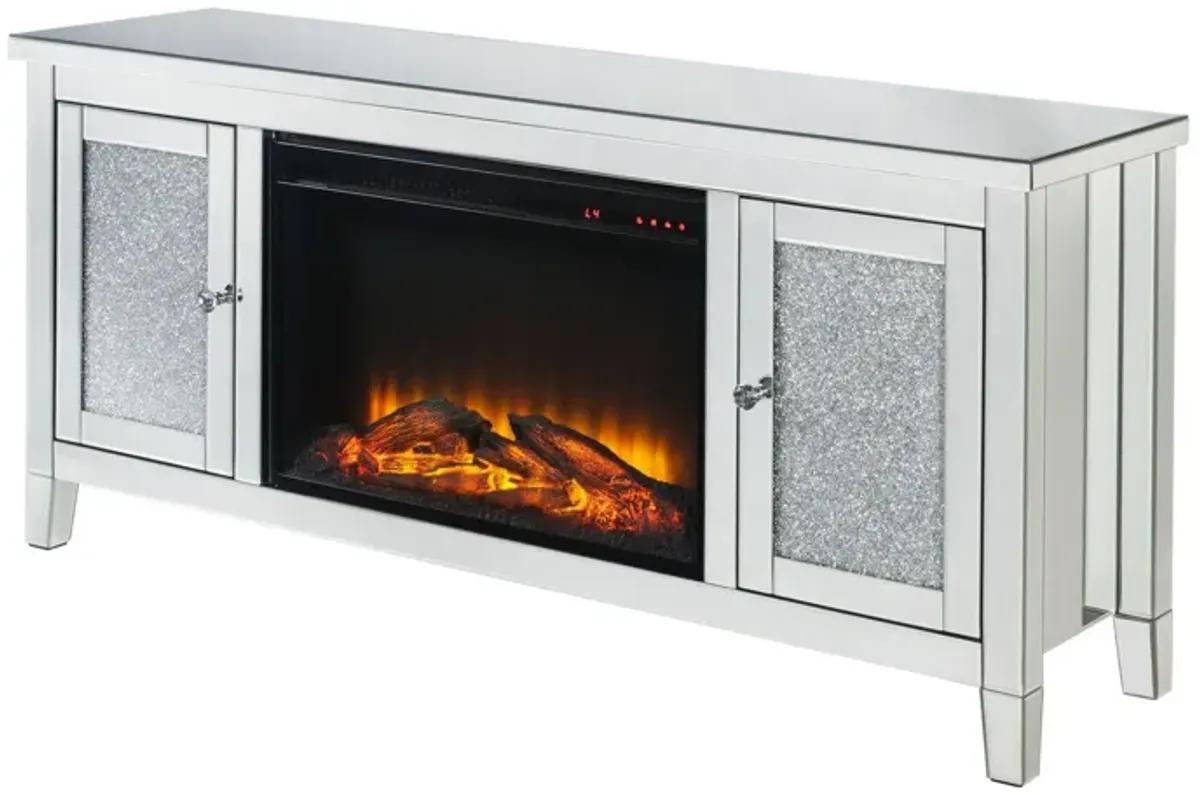TV Stand with Electric Fireplace and Mirror Panel Framing, Silver - Benzara